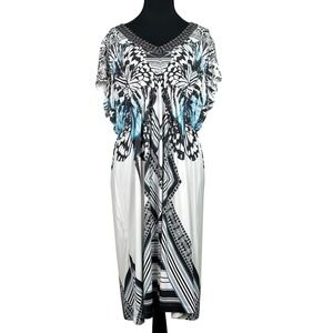 Y2K Beaded Ethereal Butterfly Dress XL White/Blue Stretchy Angelic Boho Midi